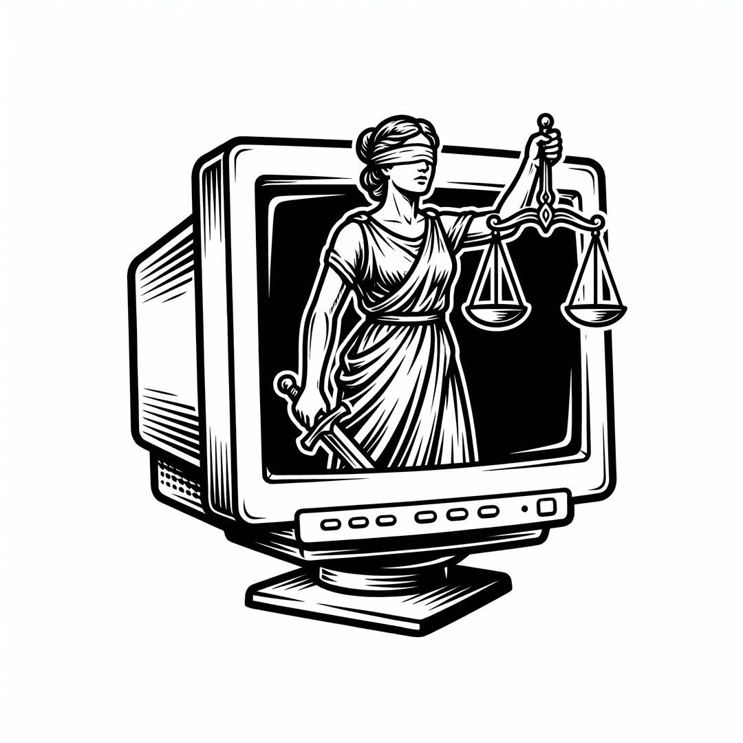 Lady Justice scales inside a CRT monitor